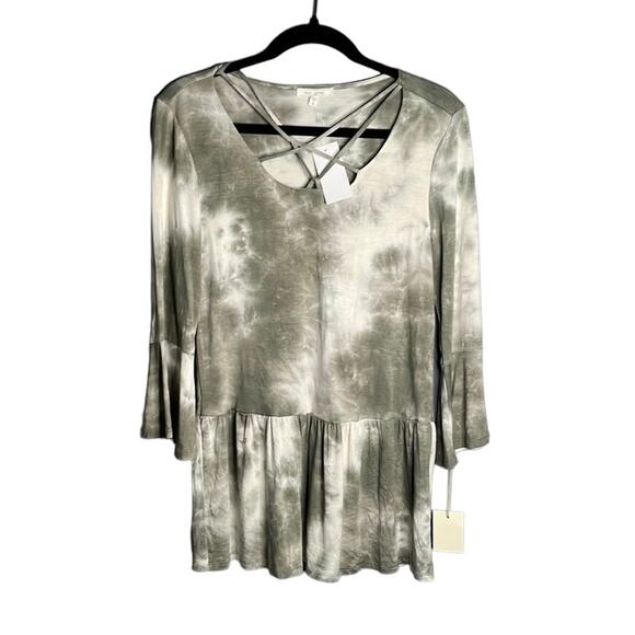 Ava James Green Tie Dye Peplum Knit Top With Criss Cross Neckline Size Small - Picture 1 of 8